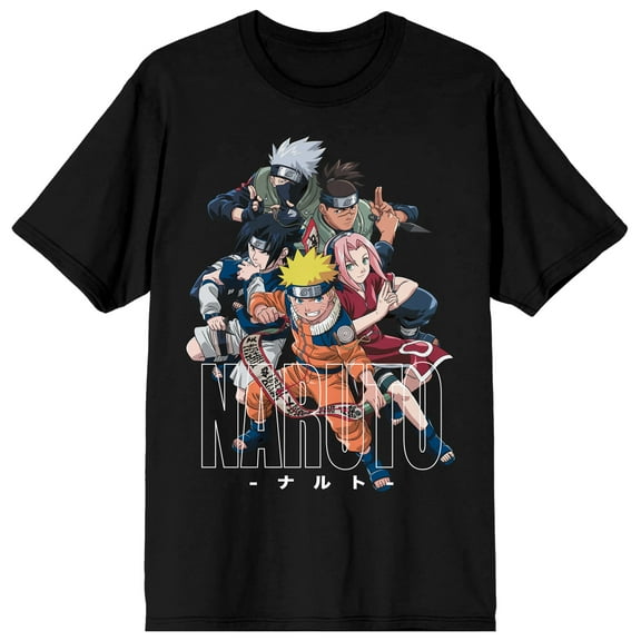Naruto Classic Character Group With Kanji Crew Neck Short Sleeve Men's Black T-shirt-Large
