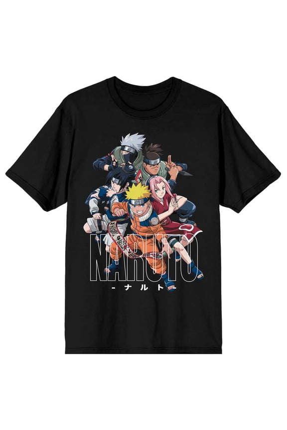 Naruto Classic Character Group With Kanji Crew Neck Short Sleeve Men's Black T-shirt-Small