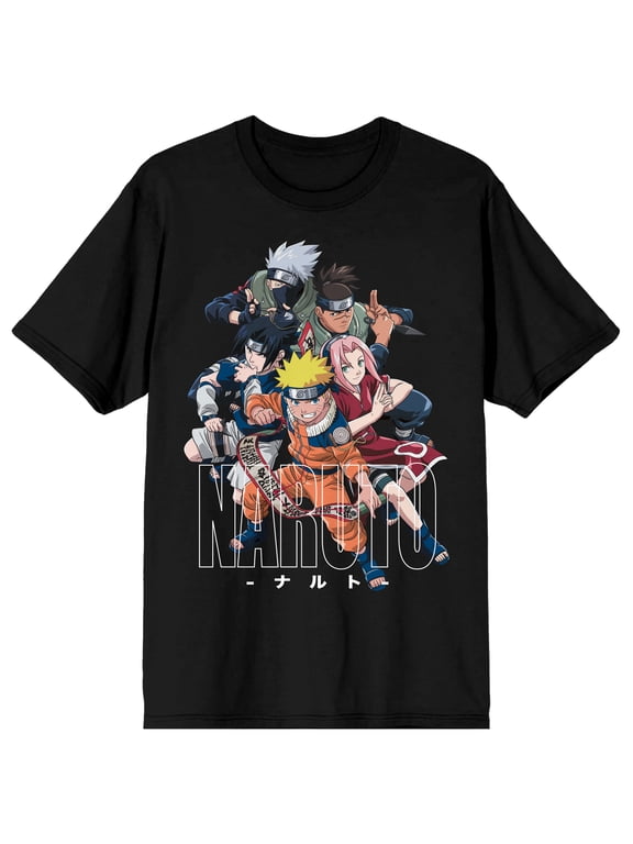 Naruto Classic Character Group With Kanji Crew Neck Short Sleeve Men's Black T-shirt-XXL