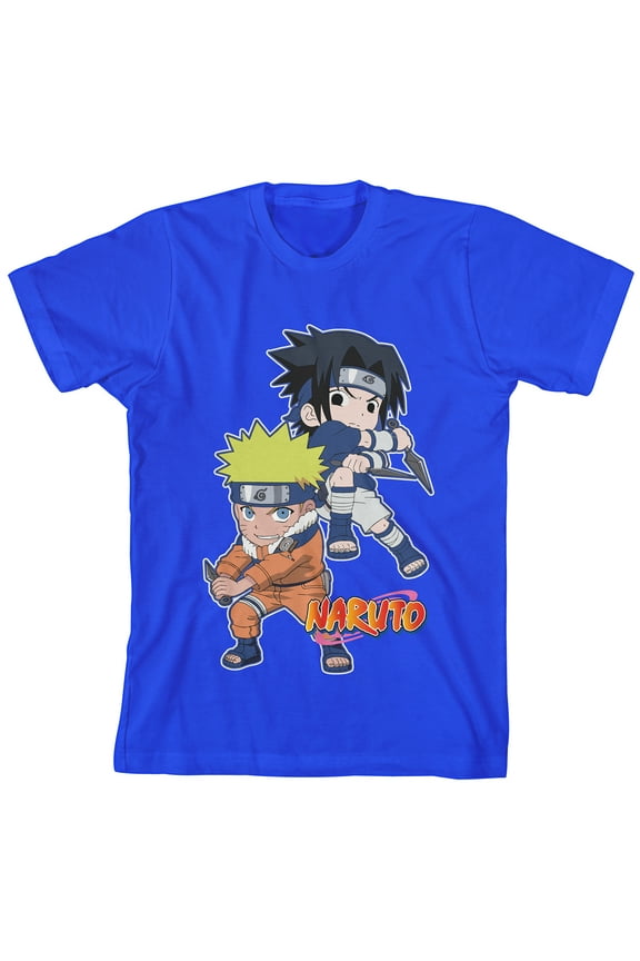 Naruto Classic Chibi Naruto and Sasuke Fight Stance Youth Royal Blue Tee With Short Sleeves And Crew Neck-XS
