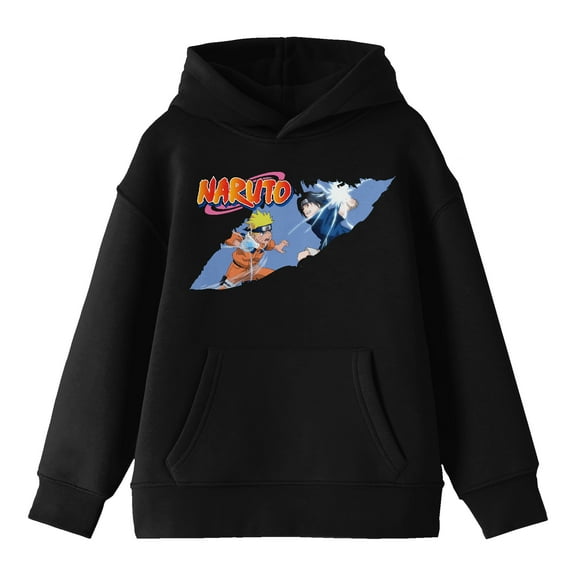Naruto Classic Clipped Sasuke And Naruto Fight Long Sleeve Boys' Black Hooded Sweatshirt-Large
