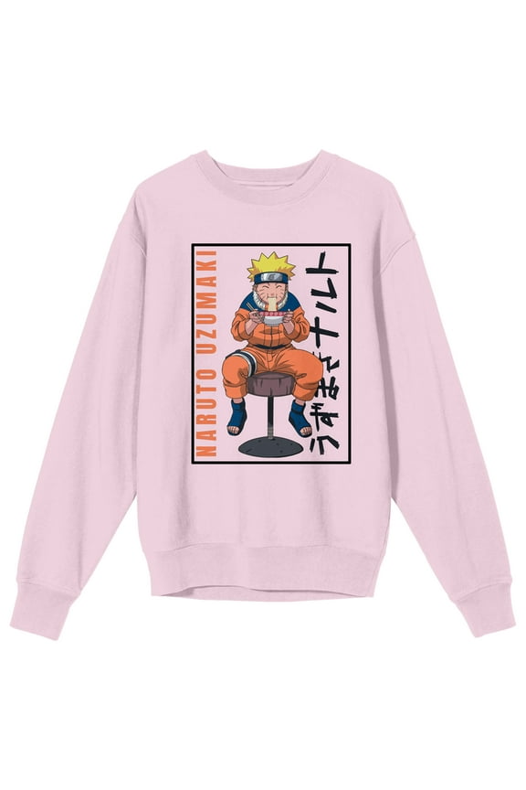Naruto Classic Eating Ramen Crew Neck Long Sleeve Cradle Pink Women's Sweatshirt-Medium