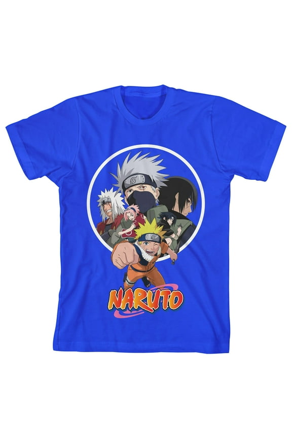 Naruto Classic Group Character Art with Logo Youth Boys Royal Blue Tee-Large
