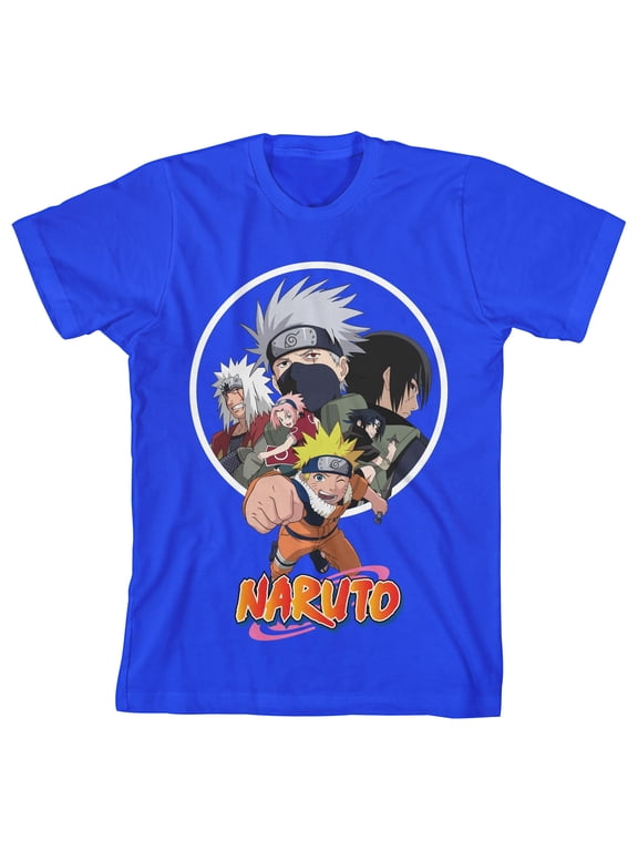 Naruto Classic Group Character Art with Logo Youth Boys Royal Blue Tee-Large