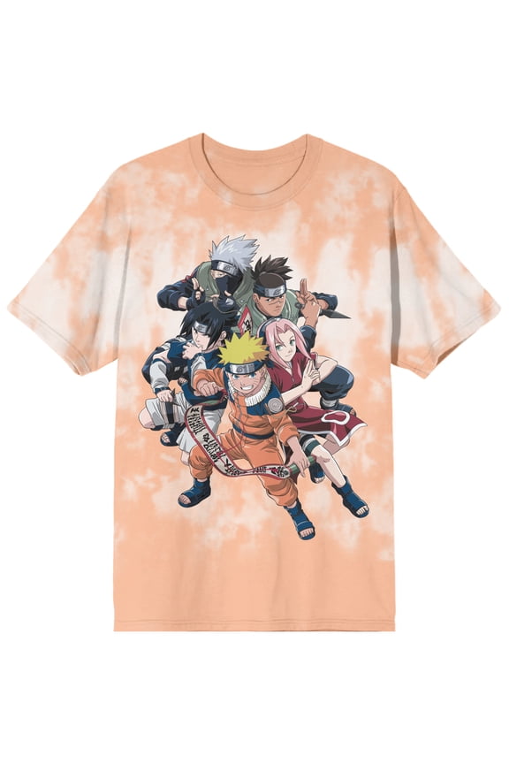 Naruto Classic Group With Scroll Crew Neck Short Sleeve Peach Break Wash Men's T-shirt-XL