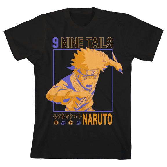Naruto Classic Monochrome Naruto Nine Tails Crew Neck Short Sleeve Men's Black T-shirt-Medium