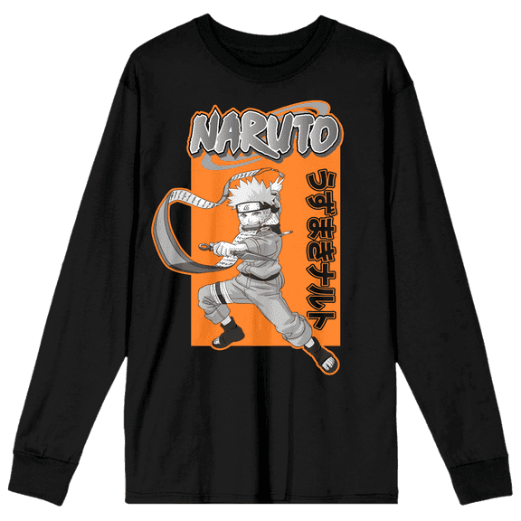 Naruto Classic Monotone Character Art Crew Neck Long Sleeve Women's Black Tee-Small