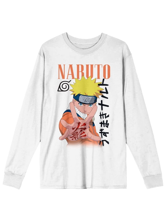 Naruto Classic Naruto Uzumaki & Kanji Men's White Long Sleeve Shirt-XL
