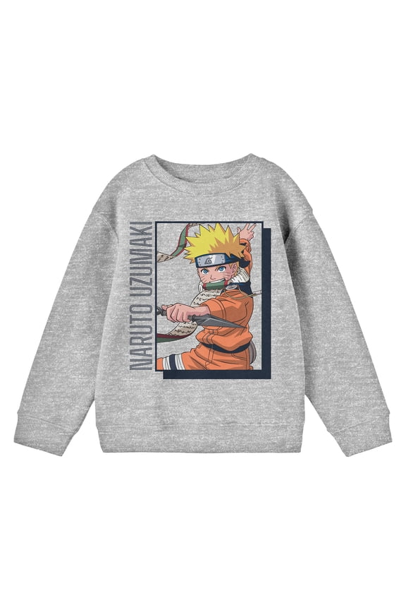 Naruto Classic Naruto Uzumaki Name Text and Character Youth Heather Gray Crew Neck Sweatshirt-XS