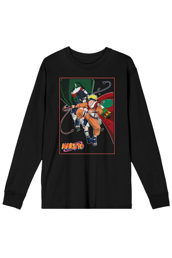 Naruto Classic Naruto and Sasuke Fighting Men's Black Long Sleeve Tee-Medium