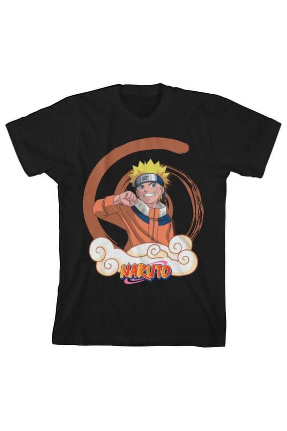 Naruto Classic Naruto with Cloud and Symbol Youth Boys Black Tee-Medium