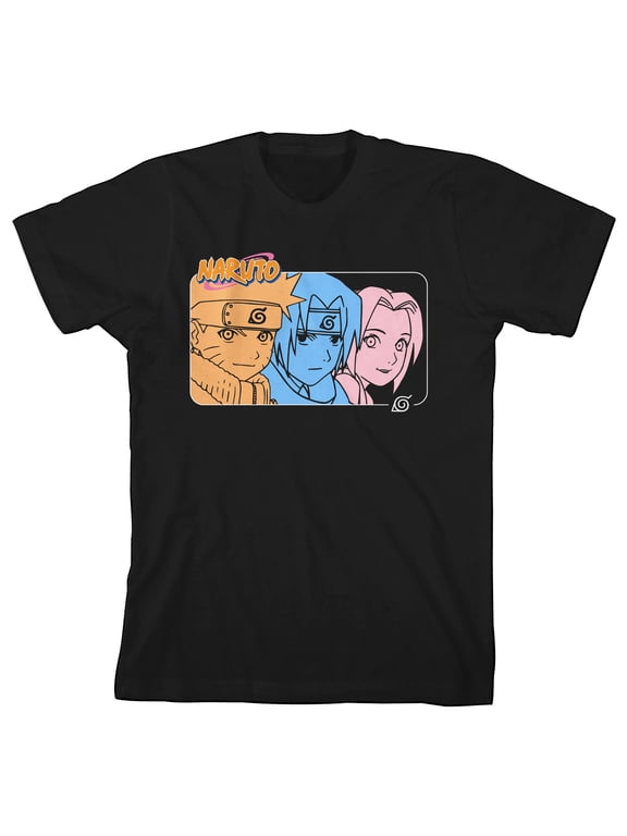 Naruto Classic One Color Headshots Crew Neck Short Sleeve Youth Black T-shirt-Small