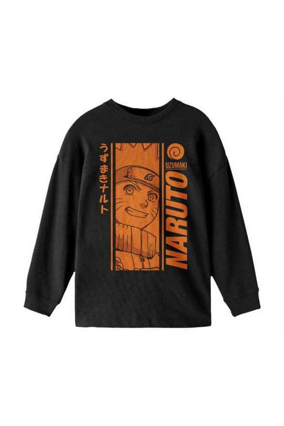 Naruto Classic Orange Monochrome Graphic Youth Boys Black Long Sleeve Shirt-Large