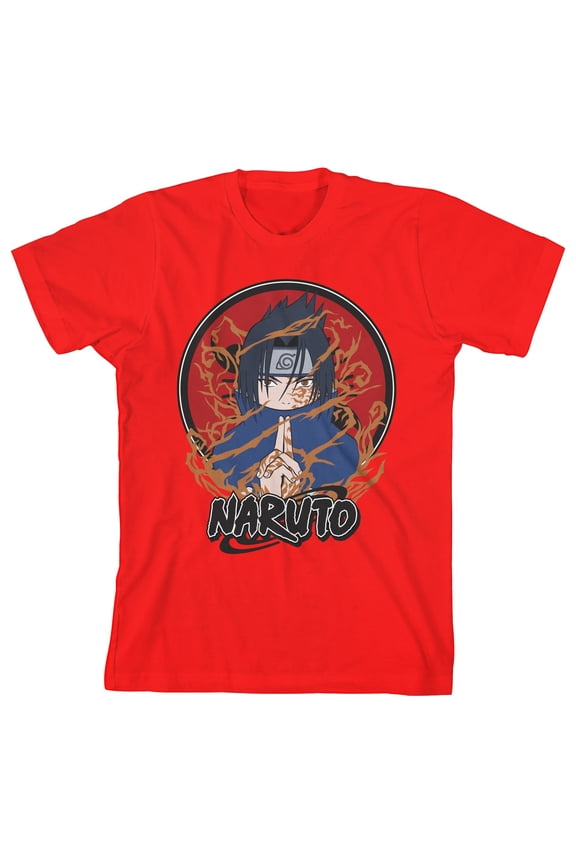 Naruto Classic Sasuke Cursed Seal Boy's Red T-shirt-Medium