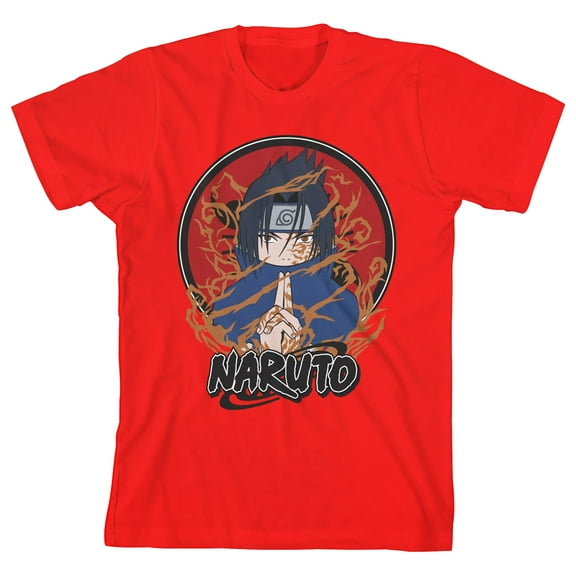 Naruto Classic Sasuke Cursed Seal Boy's Red T-shirt-XS