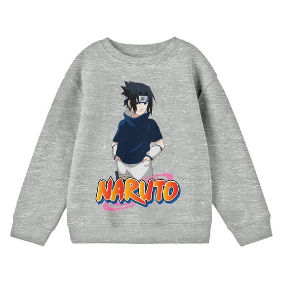 Naruto Classic Sasuke Posing Crew Neck Long Sleeve Athletic Heather Youth Shirt-XL