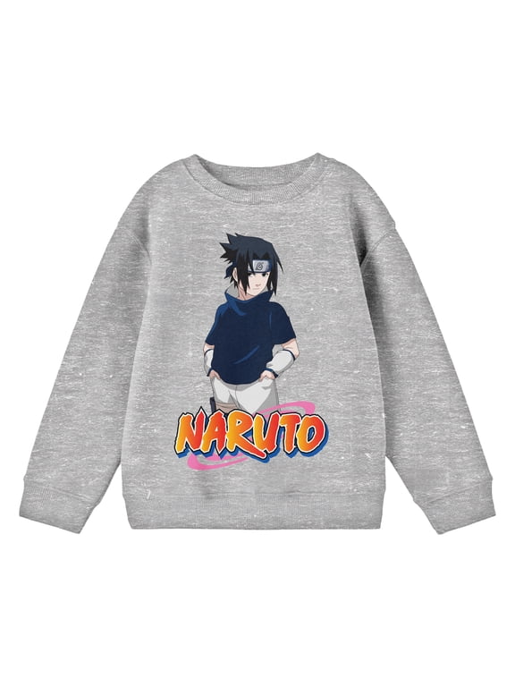 Naruto Classic Sasuke Posing Crew Neck Long Sleeve Athletic Heather Youth Shirt-Large