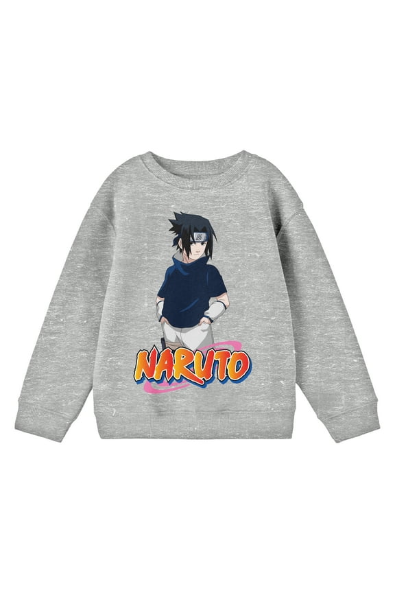 Naruto Classic Sasuke Posing Crew Neck Long Sleeve Athletic Heather Youth Shirt-Small