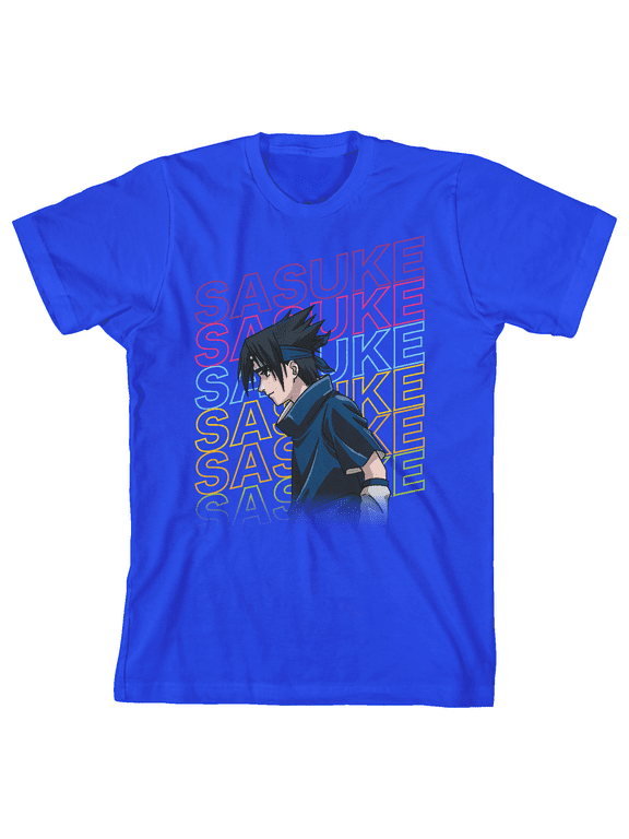 Naruto Classic Sasuke Repeat Name Crew Neck Short Sleeve Royal Blue Boy's T-shirt-Medium