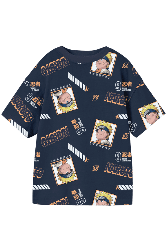 Naruto Classic Team 9 All-Over Print Youth Navy Crew Neck Short Sleeve Drop Shoulder T-shirt-XS