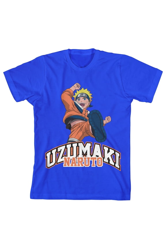 Naruto Classic Uzumaki Naruto in Jump Pose with Collegiate Text on Royal Boys Tee-Medium
