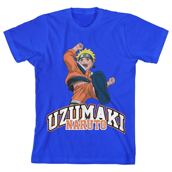 Naruto Classic Uzumaki Naruto in Jump Pose with Collegiate Text on Royal Boys Tee-Small