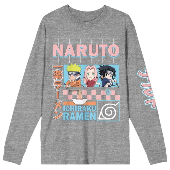 Naruto Group Character Art Crew Neck Long Sleeve Gray Heather Adult Tee-Medium