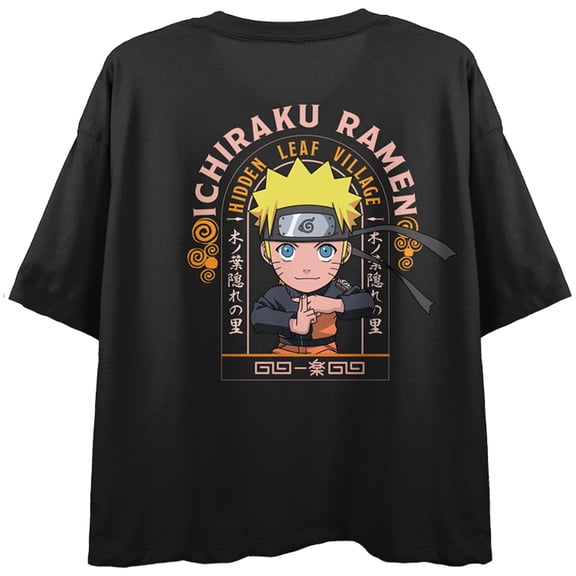 Naruto Ichiraku Ramen Chibi Character Art Women's Black Short Sleeve Crew Neck Crop Tee-Medium