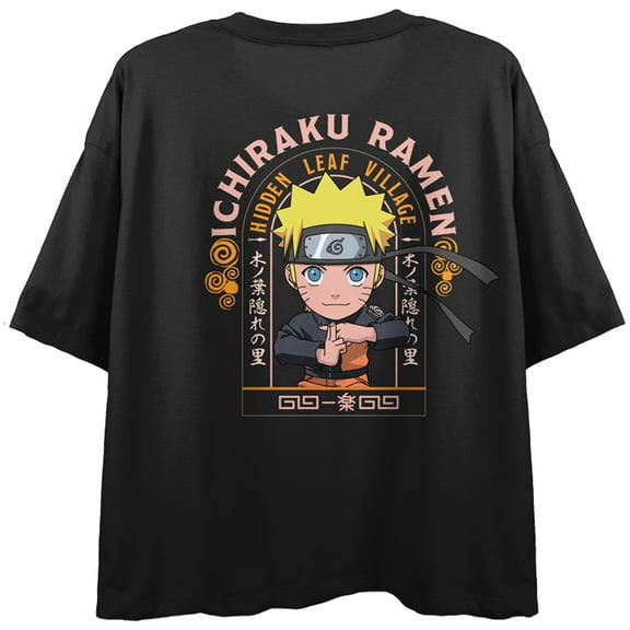 Naruto Ichiraku Ramen Chibi Character Art Women's Black Short Sleeve Crew Neck Crop Tee-Small