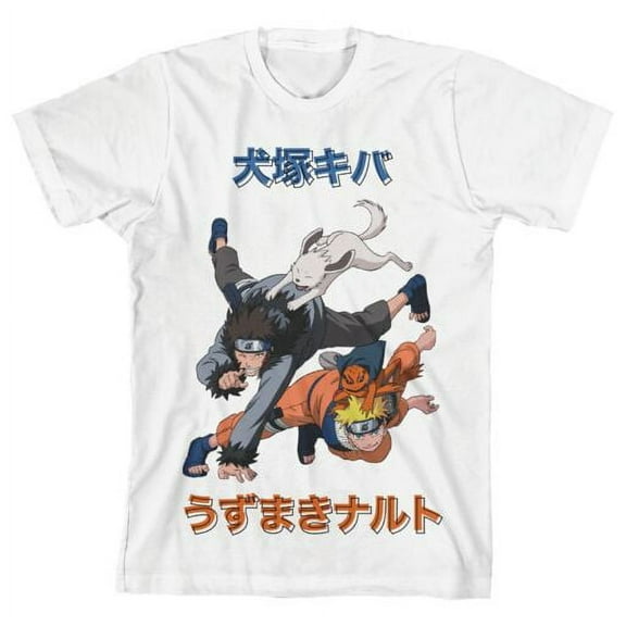 Naruto Inuzuka Kiba And Naruto Uzumaki Boy's White T-shirt-XS