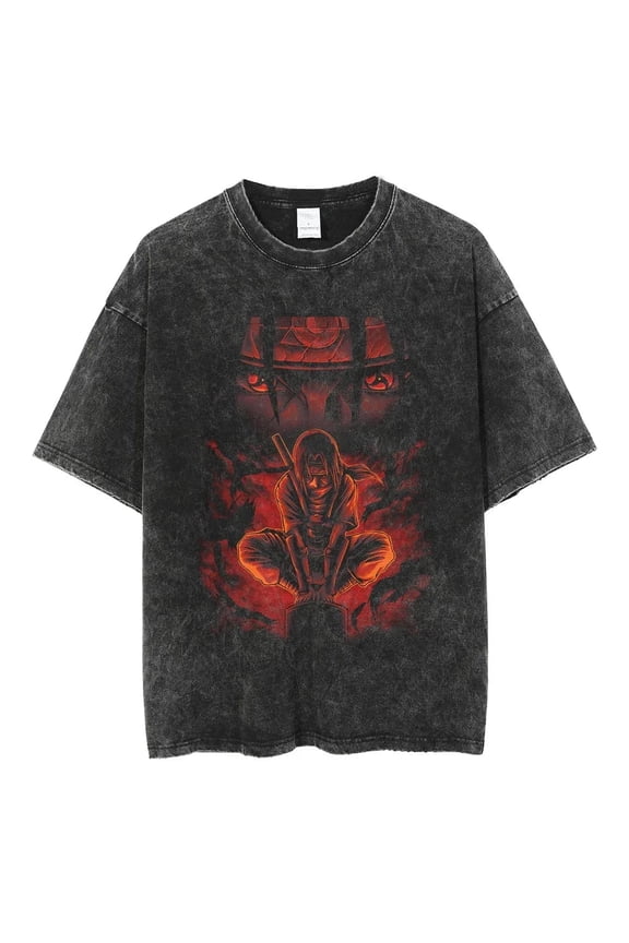 Naruto Itachi Uchiha Mangekyo Sharingan Graphic Oversized Vintage Wash Tee Unisex Cotton T-Shirt, Size S-3XL