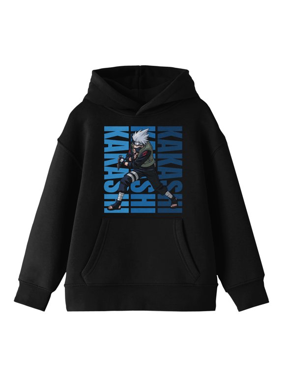 Naruto Kakashi Action Pose Long Sleeve Youth Black Hooded Sweatshirt-Medium
