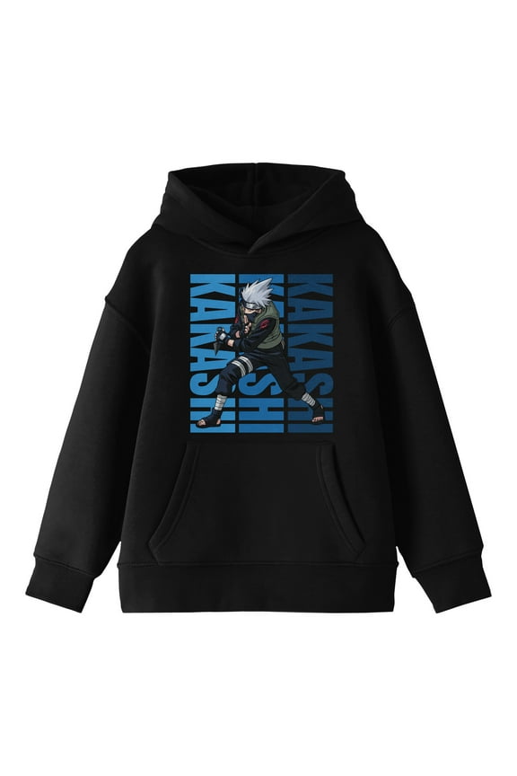 Naruto Kakashi Action Pose Long Sleeve Youth Black Hooded Sweatshirt-Medium