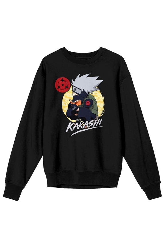 Naruto Kakashi Character Circle Adult Black Crew Neck Long Sleeve Sweatshirt-XL