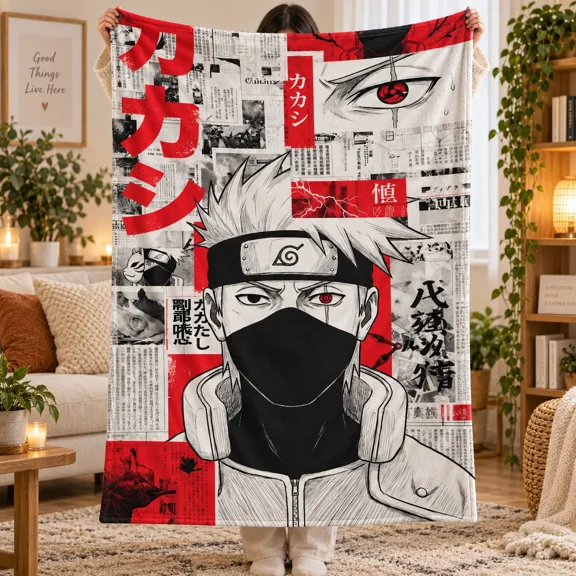 Naruto Kakashi Hatake Flannel Blanket, Red Black and White Sharingan Ninja Collage Throw, Soft Cozy Blanket for Couch, Bed, Gaming Room, Dorm Decor and Anime Fan Gift