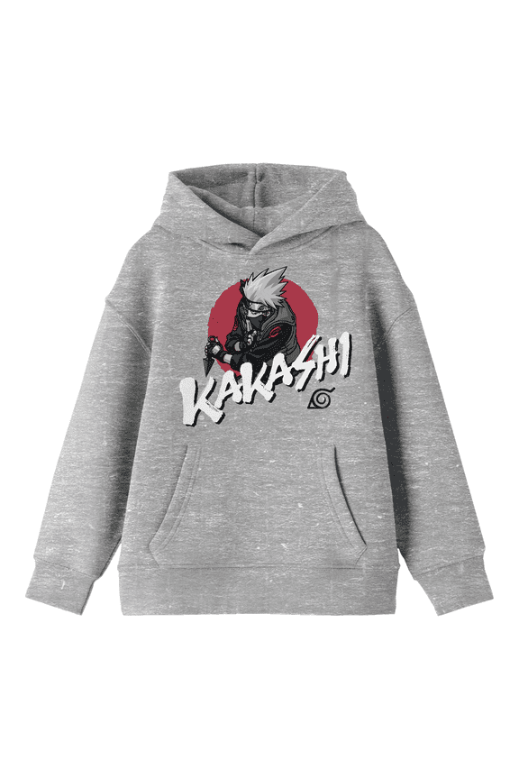 Naruto Kakashi Trapped In Red Circle Long Sleeve Athletic Heather Youth Hooded Sweatshirt-Medium