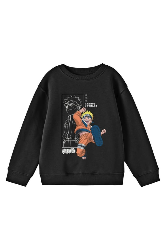 Naruto Leaping Out Of Line Art Youth Black Crew Neck Sweatshirt-Large