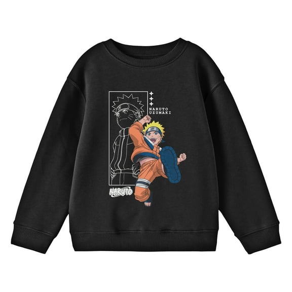Naruto Leaping Out Of Line Art Youth Black Crew Neck Sweatshirt-Small