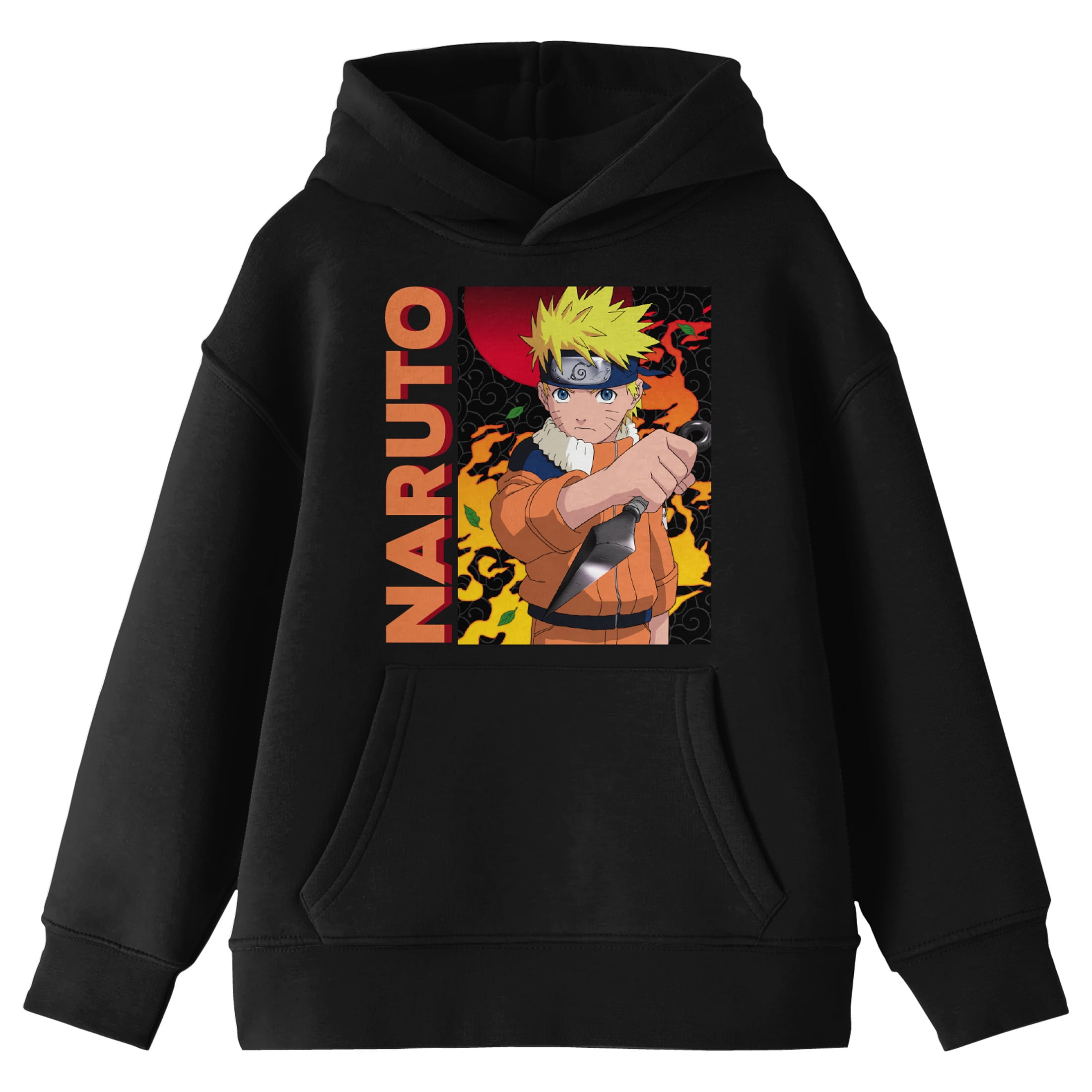 Naruto Main Character On Elemental Background Long Sleeve Youth Black Hooded Sweatshirt-Medium