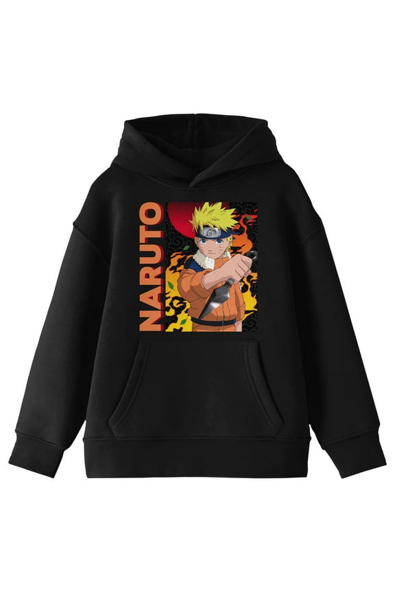 Naruto Main Character On Elemental Background Long Sleeve Youth Black Hooded Sweatshirt-Medium