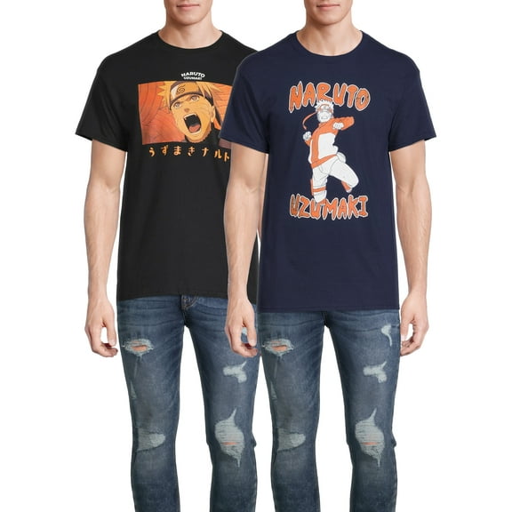 Naruto Men's & Big Men's Uzumaki Anime Graphic Tees Shirts, 2-Pack, Sizes S-3XL, Naruto Anime Mens T-Shirts
