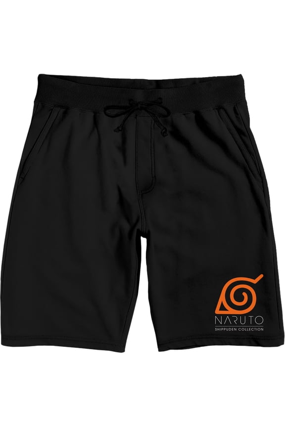 Naruto Orange Hidden Leaf Symbol Men's Black Graphic Sleep Shorts-Medium