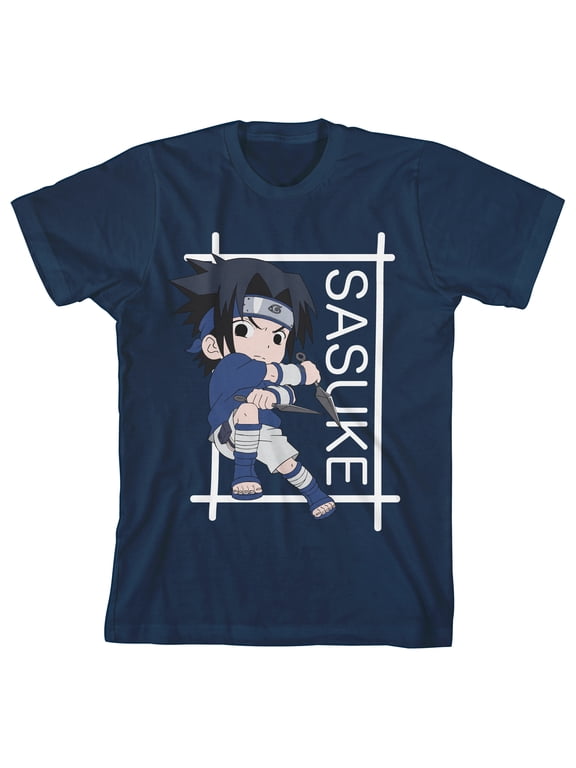 Naruto Sasuke Frame Crew Neck Short Sleeve Navy Boy's T-shirt-Large