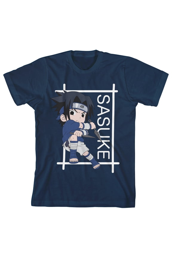 Naruto Sasuke Frame Crew Neck Short Sleeve Navy Boy's T-shirt-Medium
