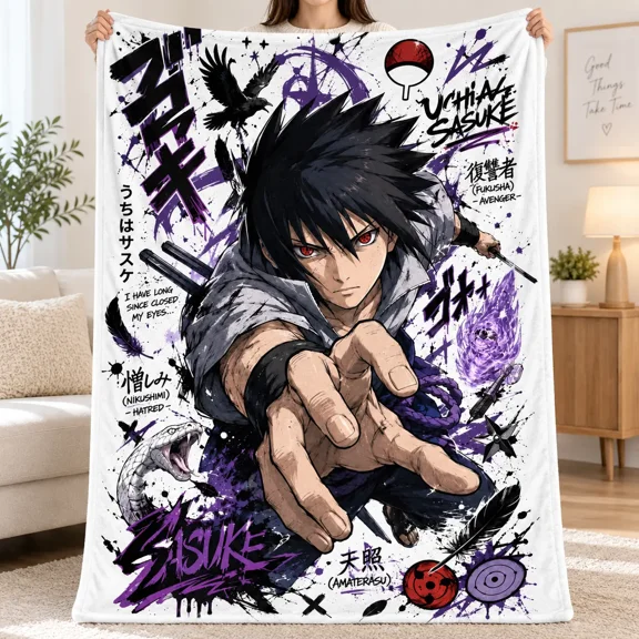 Naruto Sasuke Uchiha Flannel Blanket, Purple and Black Sharingan Ninja Graphic Throw for Couch, Bed, Bedroom Decor, Anime Collection and Fan Gift