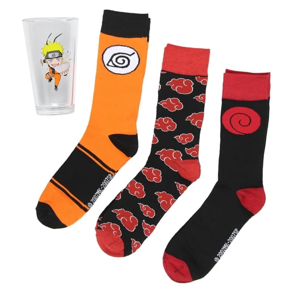Naruto Shippuden 3 Pairs of Socks Plus Uzumaki Design Pint Glass Gift Set Bundle