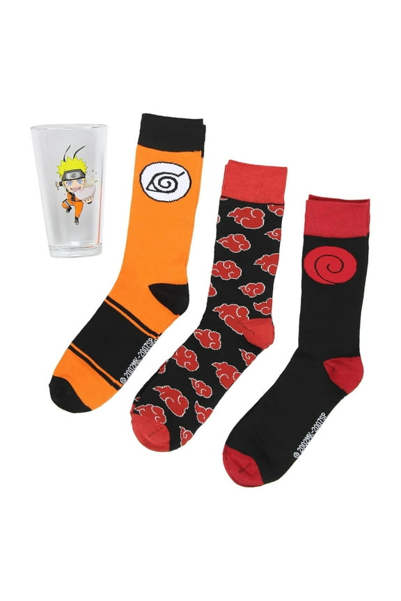 Naruto Shippuden 3 Pairs of Socks Plus Uzumaki Design Pint Glass Gift Set Bundle