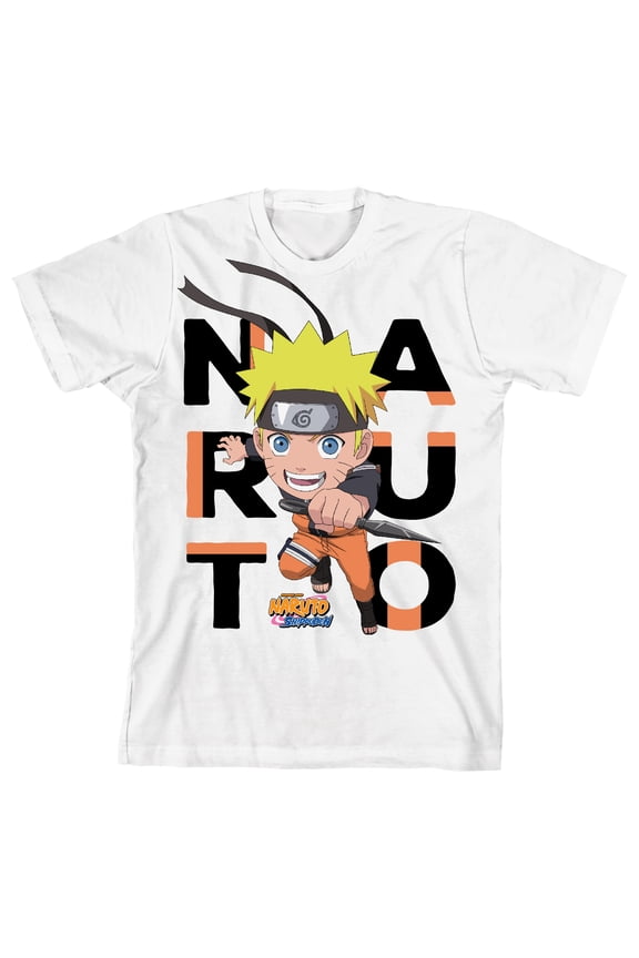 Naruto Shippuden Big Letters Title Logo Youth White Graphic Tee-Small