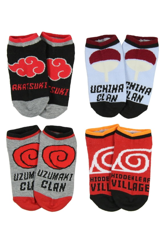 Naruto Shippuden Boys' Socks Akatsuki Uzumaki Uchiha Clan Hidden Village 4 Pairs Kids Ankle No Show Socks