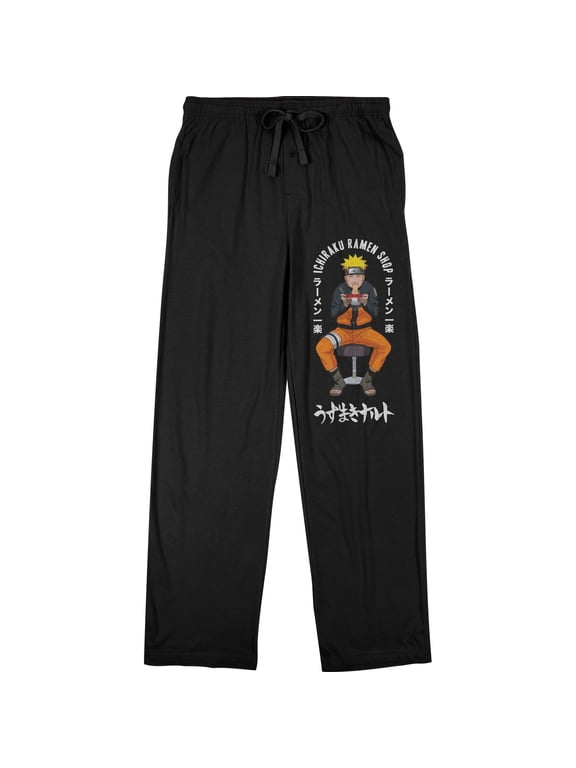 Naruto Shippuden Character and Logo Men's Black Drawstring Sleep Pajama Pants-Medium